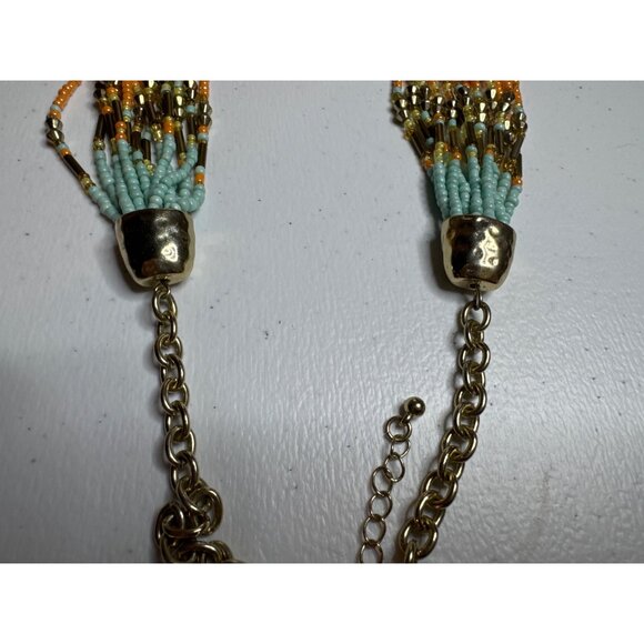Seed Bead Statement Necklace Yellow Orange Turquoise Adjustable Lobster Clasp - Picture 4 of 7